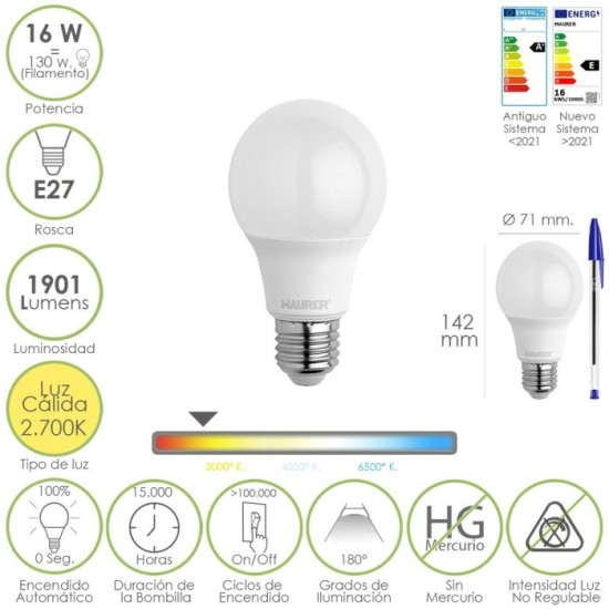 Bombilla Led Estandar Rosca E27, 16 Watt, Equivale A 130 Watt, 1901 Lumenes, Luz Calida 2,700º K, al por Mayor | Almacén de Ferr