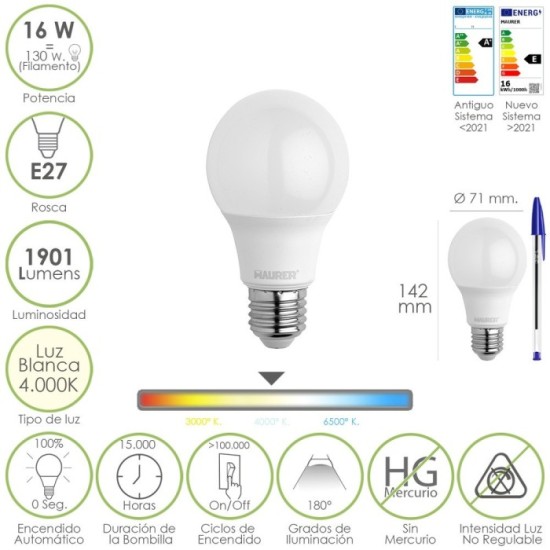 Bombilla Led Estandar Rosca E27, 16 Watt, Equivale A 130 Watt, 1901 Lumenes, Luz Blanca 4000º K,) al por Mayor | Almacén de Ferr