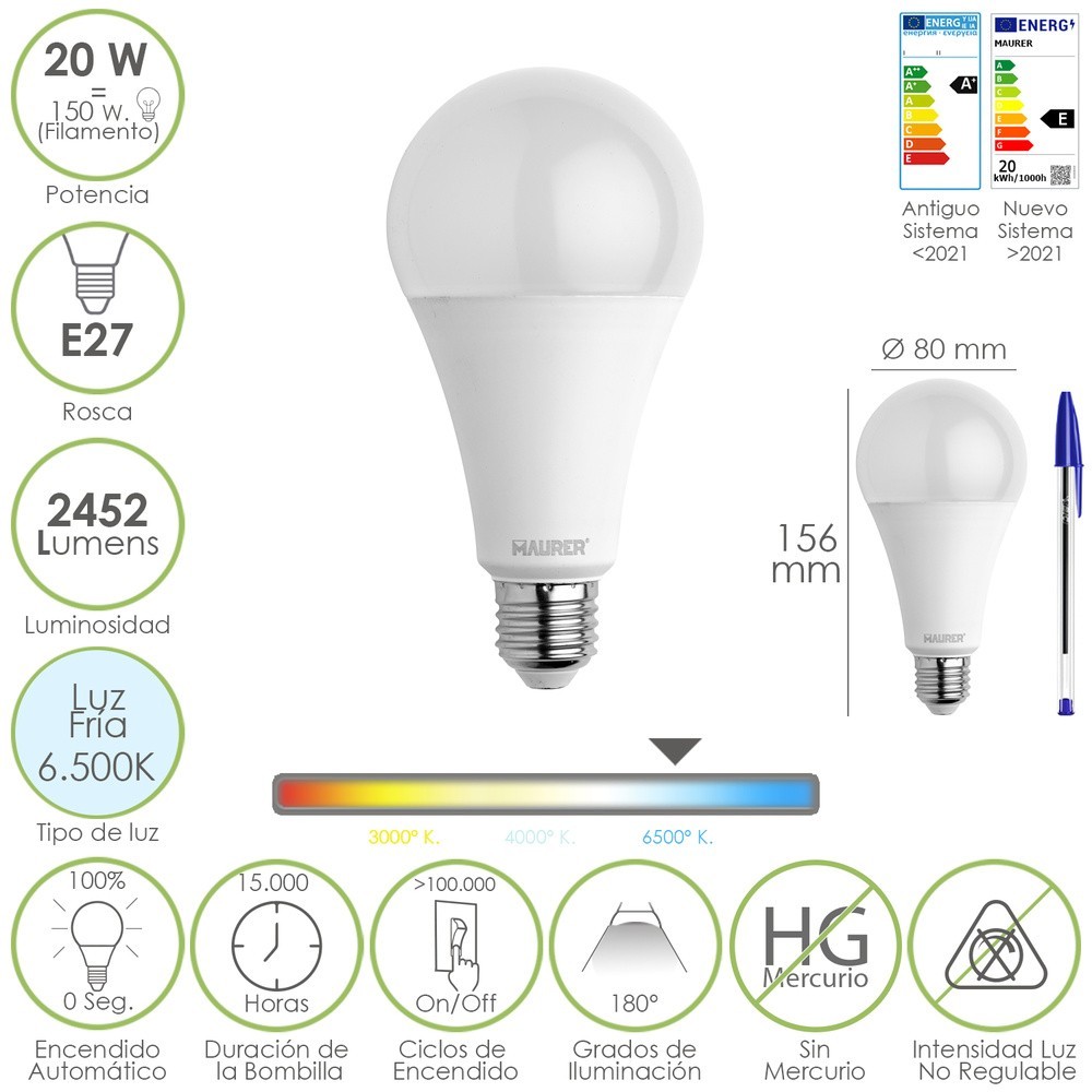Bombilla Led Estandar Rosca E27, 20  Watt, Equivale A 150 Watt, 2452 Lumenes, Luz Fria (6500º K,) al por Mayor | Almacén de Ferr