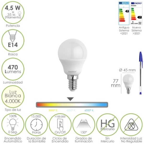 Bombilla Led Esferica Rosca E14 4,5 Watt, Equivale A 35 Watt, 470 Lumenes, Luz Neutra (4000º K) al por Mayor | Almacén de Ferret