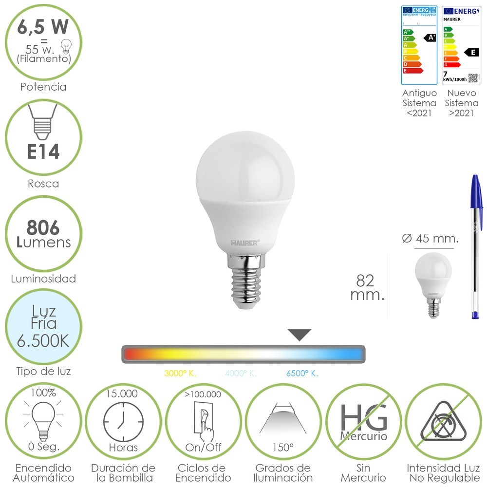 Bombilla Led Esfera Rosca E14, 6,5 Watt, Equivale A 55 Watt, 806 Lumenes, Luz Fría 6500º K, al por Mayor | Almacén de Ferretería