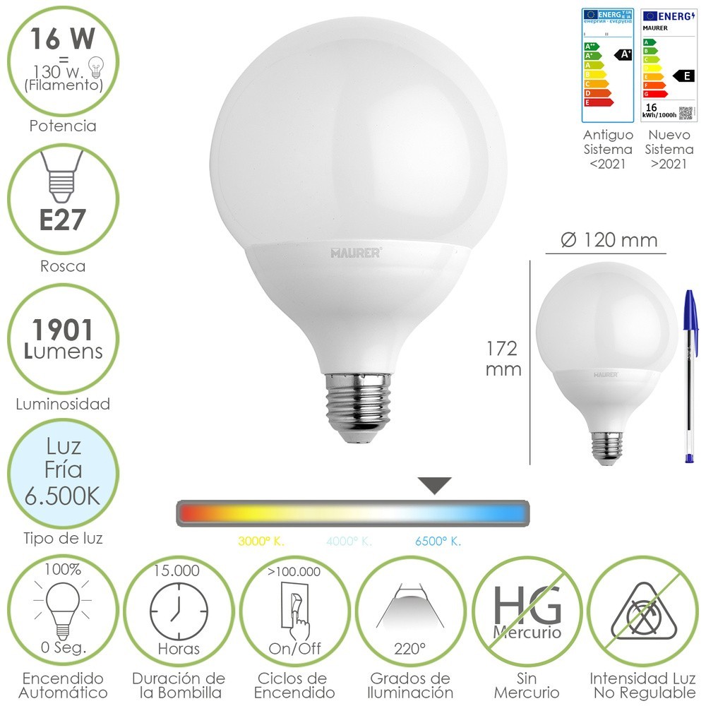 Bombilla Led Globo Rosca E27, 16 Watt, Equivale A 130 Watt, 1901 Lumenes, Luz Fria 6500º K, al por Mayor | Almacén de Ferretería