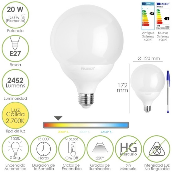 Bombilla Led Globo E27, 20 Watt, Equivale A 150 Watt, 2452 Lumenes, Luz Calida 2700º K, al por Mayor | Almacén de Ferretería
