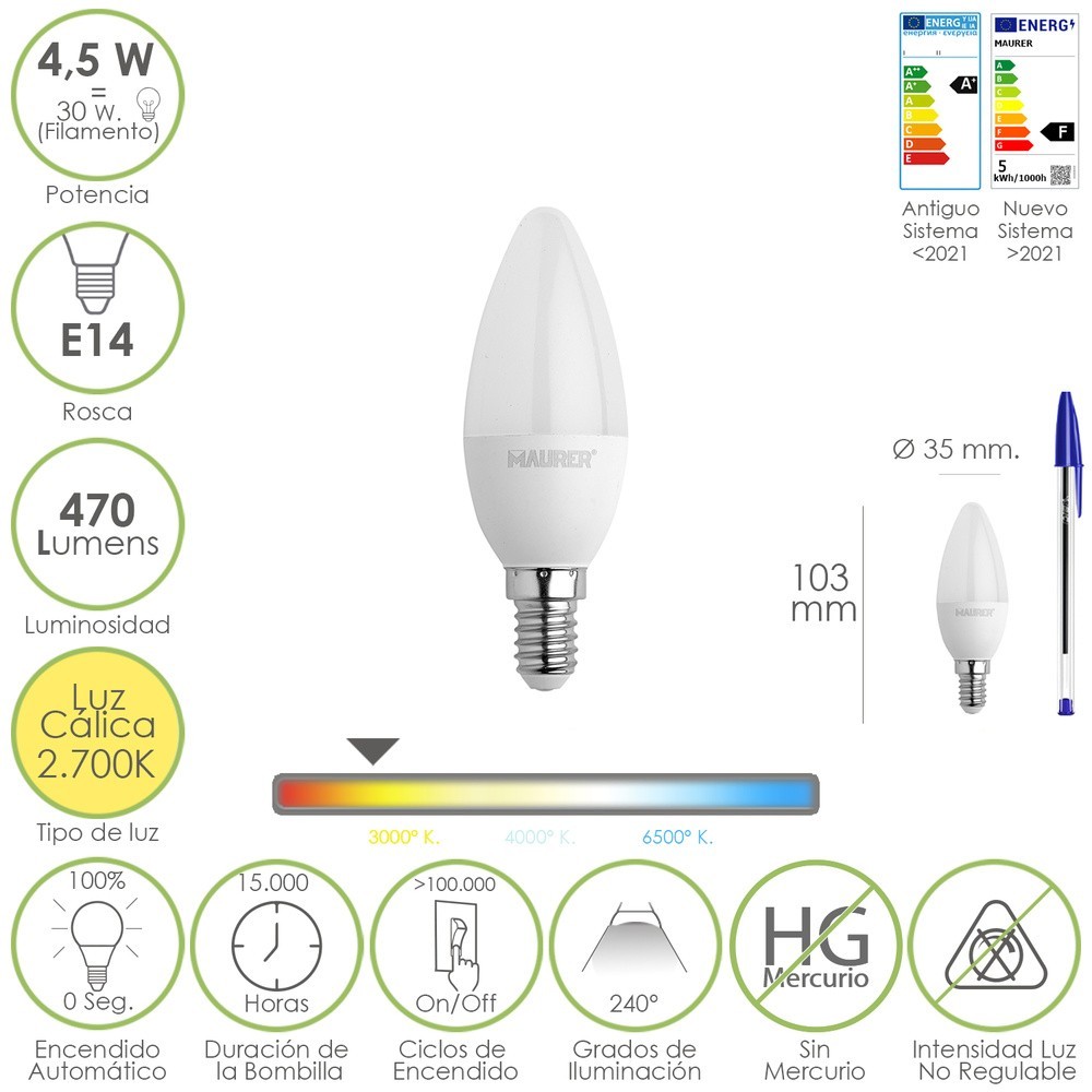 Bombilla Led Vela Rosca E14, 4,5 Watt, Equivale A 35 Watt, 470 Lumenes, Luz Cálida (2700º K) al por Mayor | Almacén de Ferreterí