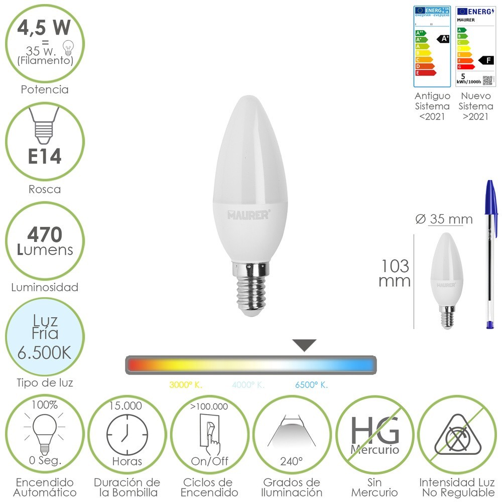 Bombilla Led Vela Rosca E14, 4,5 Watt, Equivale A 35 Watt, 470 Lumenes, Luz Fira (6500º K,) al por Mayor | Almacén de Ferretería