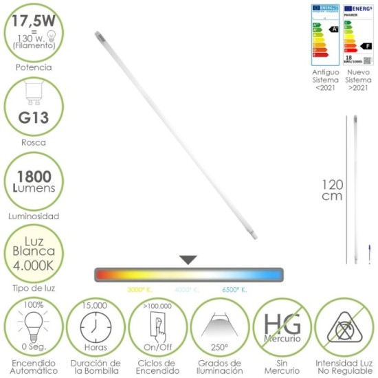 Tubo Led T8 120 cm,17,5 Watt, Equivale A 130 Watt, 1800 Lumenes, Luz Neutra 4000º K, al por Mayor | Almacén de Ferretería