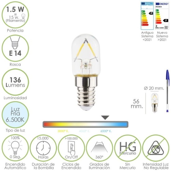 Bombilla Led Frigorifico Rosca E14, 1,5 Watt, Equivale A 15 Watt, 136 Lumenes, Luz Fria (6500º K,) al por Mayor | Almacén de Fer