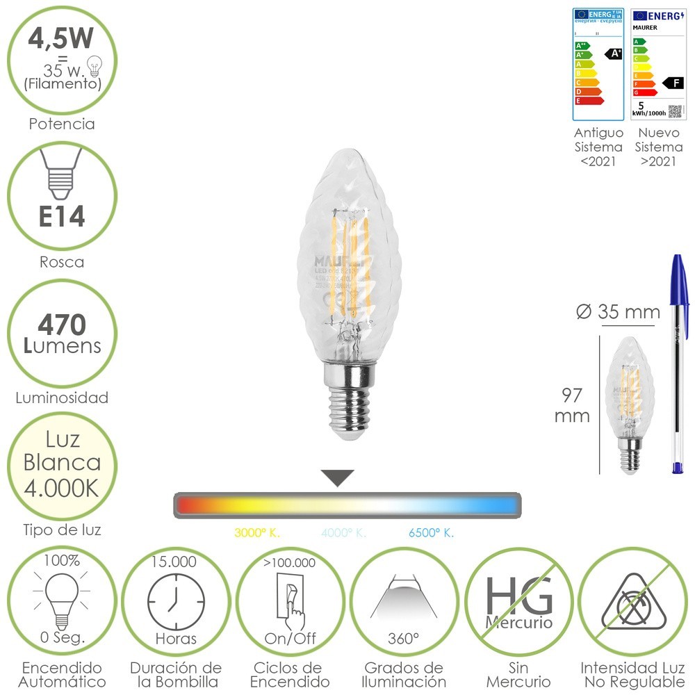 Bombilla Led Filamento Vela Twist, E14, 4,5 Watt, Equivale A 35 Watt, 470 Lumenes, Luz Neutra 4000º K, al por Mayor | Almacén de