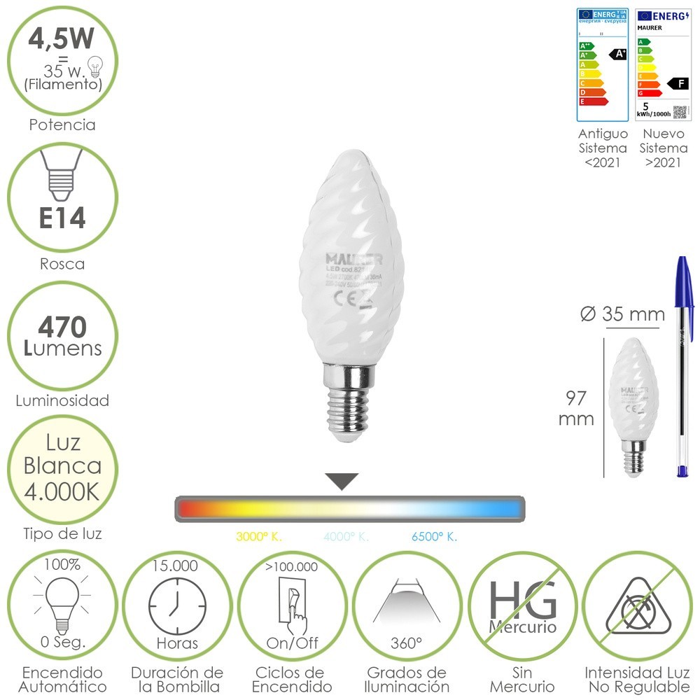 Bombilla Led Filamento Vela Esmerilada E14, 4,5 Watt, Equivale A 35 Watt, 470 Lumenes, Luz Neutra 4000º K, al por Mayor | Almacé