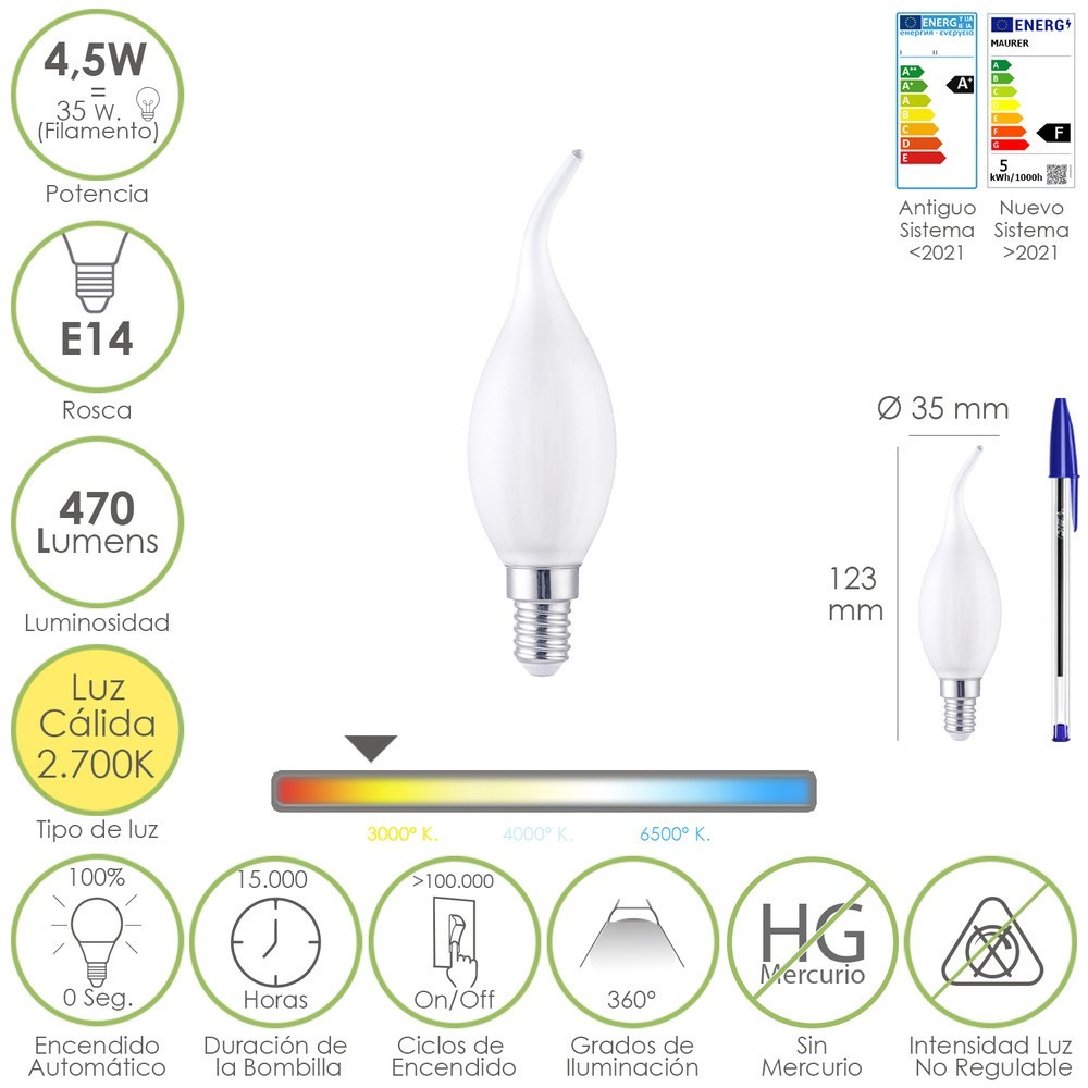 Bombilla Led Filamento Vela Llama Esmerilada E14, 4,5 Watt, Equivale A 35 Watt, 470 Lumenes, Luz Calida 2700º K, al por Mayor | 