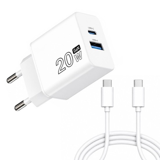 Cargador GaN 20 W, con puertos USB-A y USB-C, incluye cable USB-C a USB-C de 100 cm, al por Mayor | Almacén de Ferretería