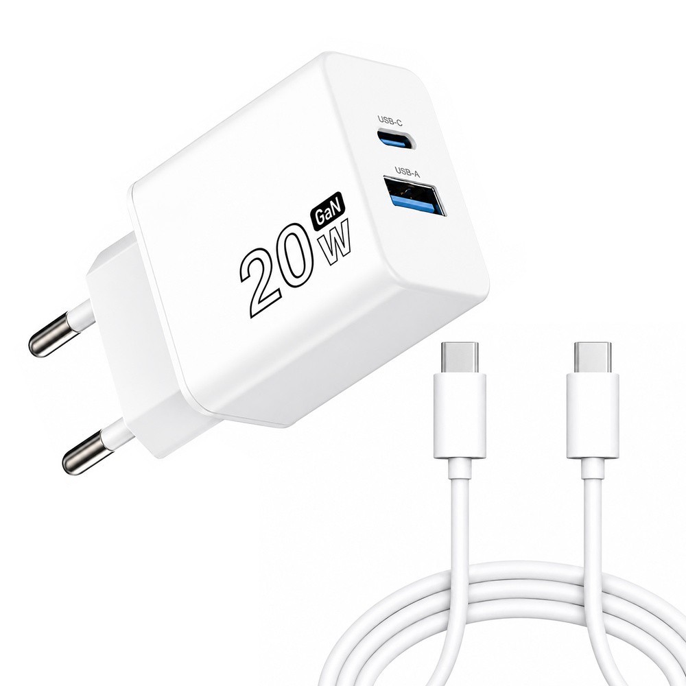 Cargador GaN 20 W, con puertos USB-A y USB-C, incluye cable USB-C a USB-C de 100 cm, al por Mayor | Almacén de Ferretería