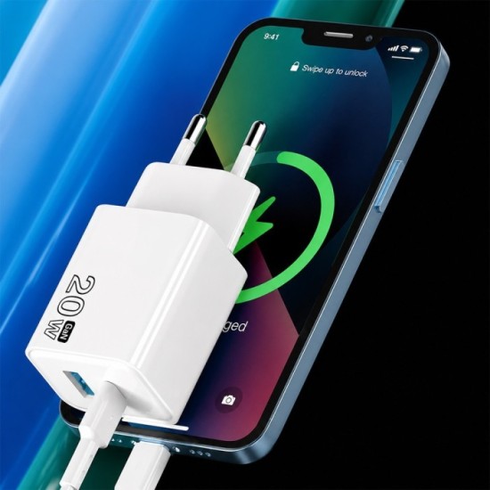 Cargador GaN 20 W, con puertos USB-A y USB-C, incluye cable USB-C a USB-C de 100 cm, al por Mayor | Almacén de Ferretería