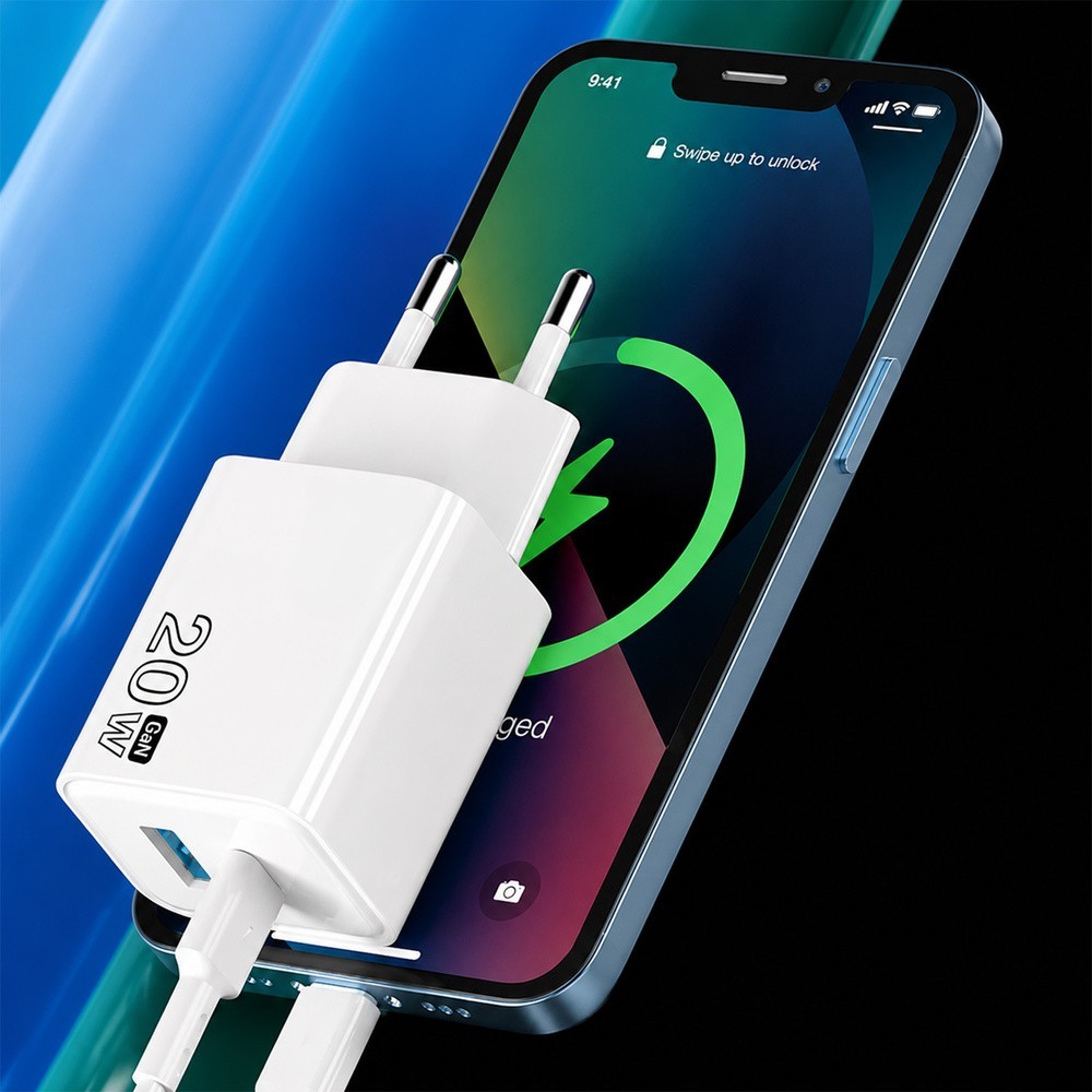 Cargador GaN 20 W, con puertos USB-A y USB-C, incluye cable USB-C a USB-C de 100 cm, al por Mayor | Almacén de Ferretería