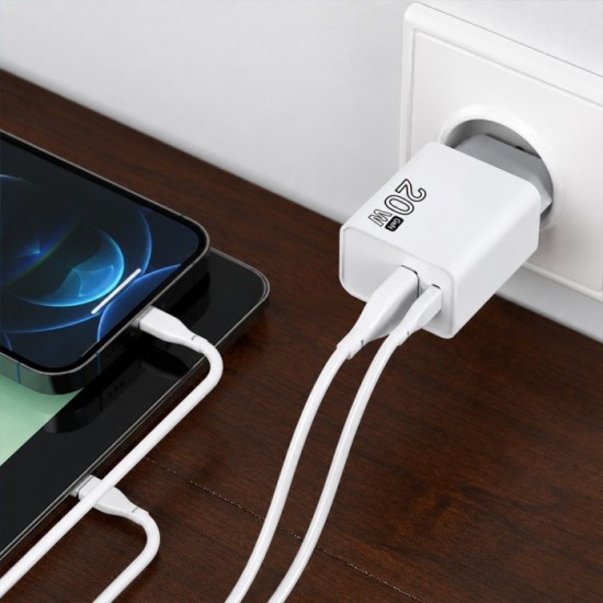 Cargador GaN 20 W, con puertos USB-A y USB-C, incluye cable USB-C a USB-C de 100 cm, al por Mayor | Almacén de Ferretería