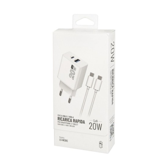 Cargador GaN 20 W, con puertos USB-A y USB-C, incluye cable USB-C a USB-C de 100 cm, al por Mayor | Almacén de Ferretería