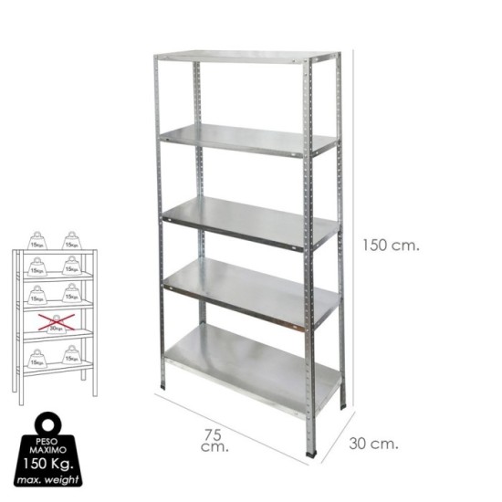 Estanteria Acero Galvanizado con 5 Baldas 150x75x30 cm, Baldas ajustables, Peso maximo 150 Kg, al por Mayor | Almacén de Ferrete