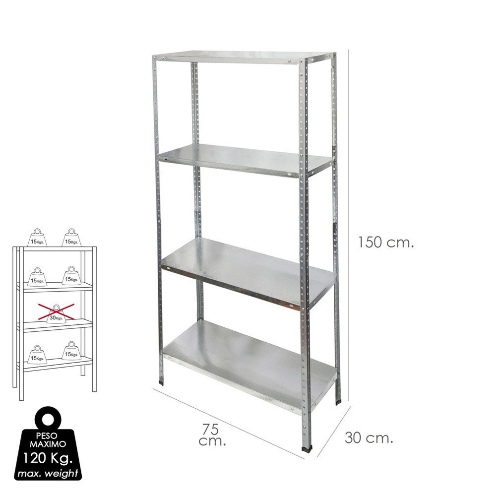 Estanteria Acero Galvanizado con 4 Baldas 150x75x30 cm, Baldas ajustables, Peso maximo 120 Kg, al por Mayor | Almacén de Ferrete