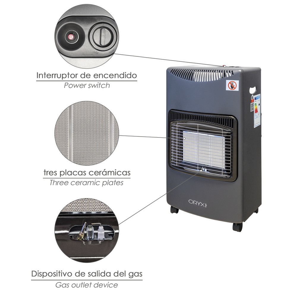 Estufa Gas Infrarroja Ceramica 4,5 Kw, 3 Potencias, Triple Sistema de Seguridad, Con Ruedas, Encendido Piezo-Electrico al por Ma