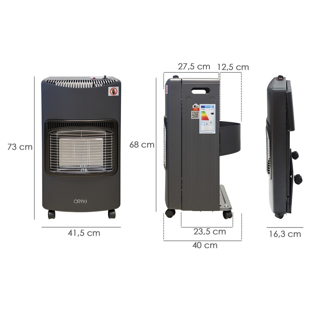 Estufa Gas Infrarroja Ceramica 4,5 Kw, Plegable 3 Potencias, Triple Sistema de Seguridad, Con Ruedas, Encendido Piezo-Electrico 