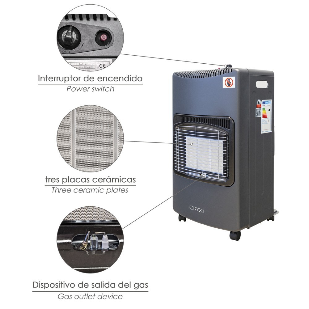 Estufa Gas Infrarroja Ceramica 4,5 Kw, Plegable 3 Potencias, Triple Sistema de Seguridad, Con Ruedas, Encendido Piezo-Electrico 