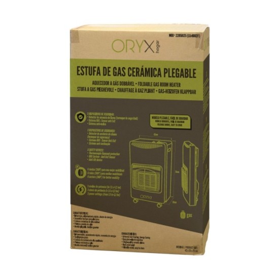 Estufa Gas Infrarroja Ceramica 4,5 Kw, Plegable 3 Potencias, Triple Sistema de Seguridad, Con Ruedas, Encendido Piezo-Electrico 