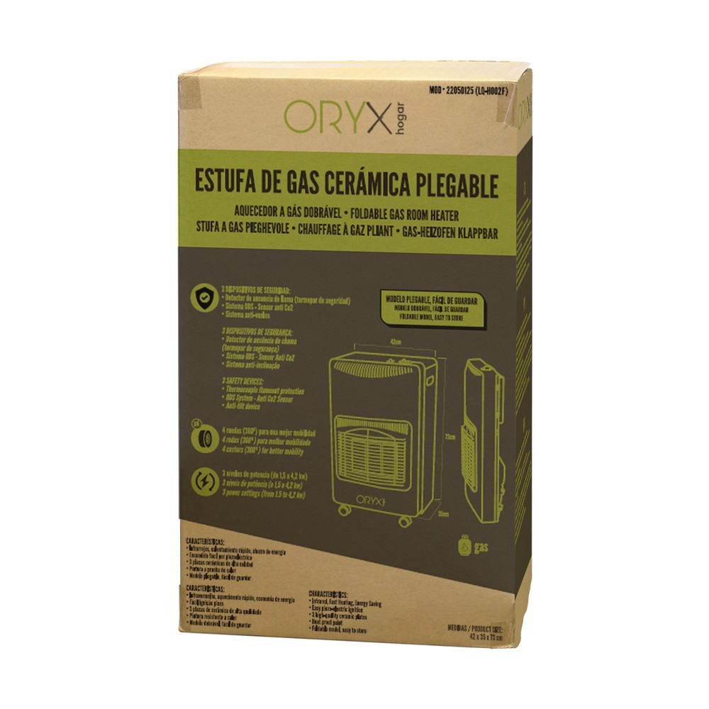 Estufa Gas Infrarroja Ceramica 4,5 Kw, Plegable 3 Potencias, Triple Sistema de Seguridad, Con Ruedas, Encendido Piezo-Electrico 