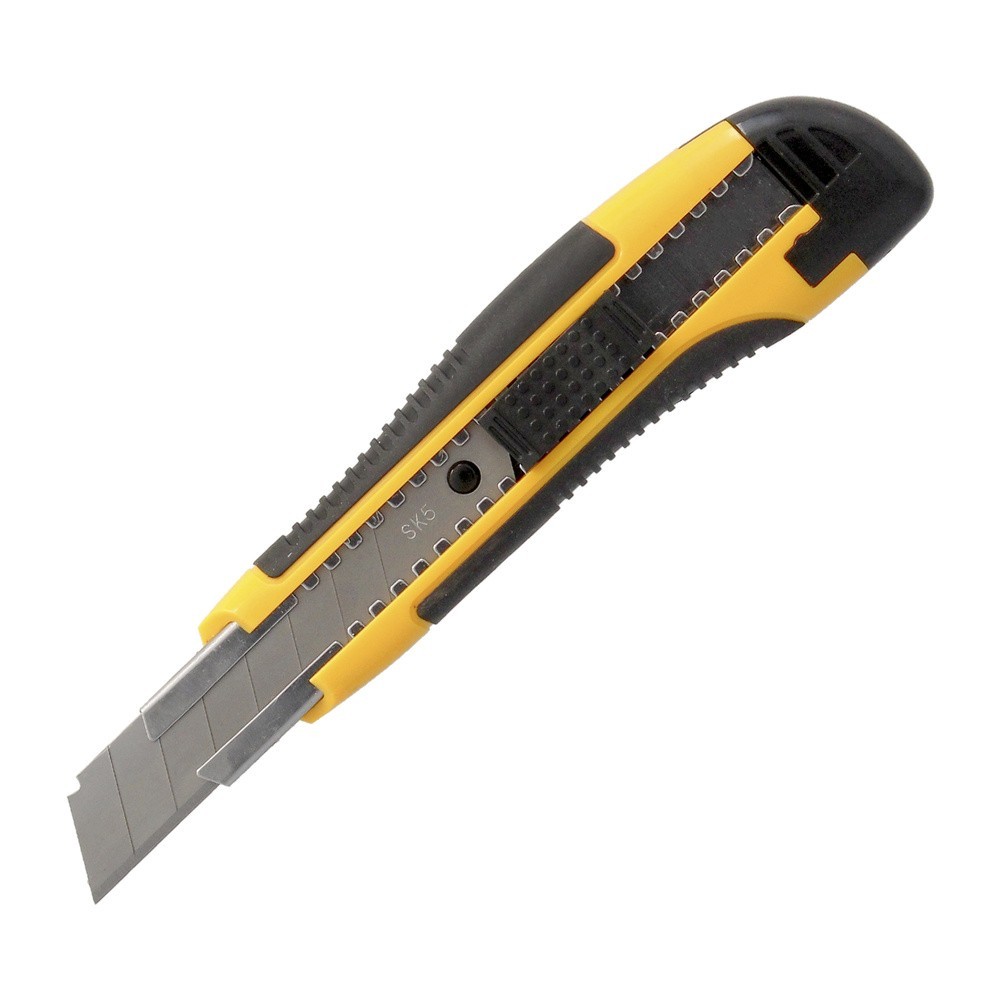 Cutter Con Hoja De 18 mm, Con 2 Hojas, Acero SK5, Agarre Engomado Bimaterial, Pulsador Seguridad Liberación hoja, Cuters Cutters