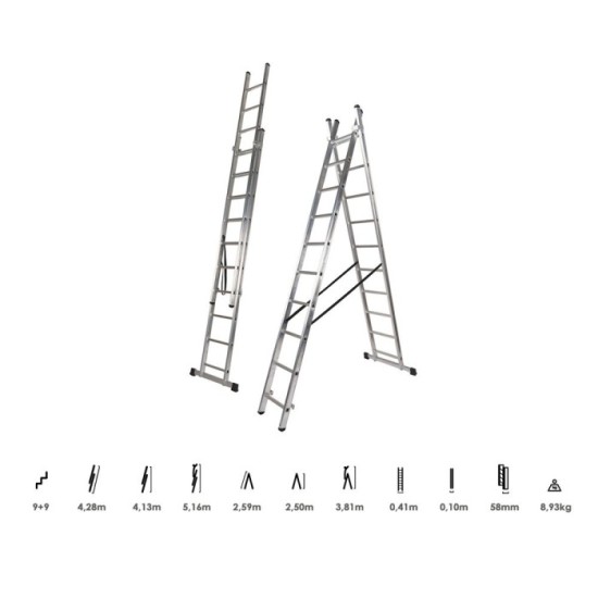 Escalera Aluminio 2 Tramos 9+9 Peldaños, Plegable, Antideslizante, Resistente al por Mayor | Almacén de Ferretería