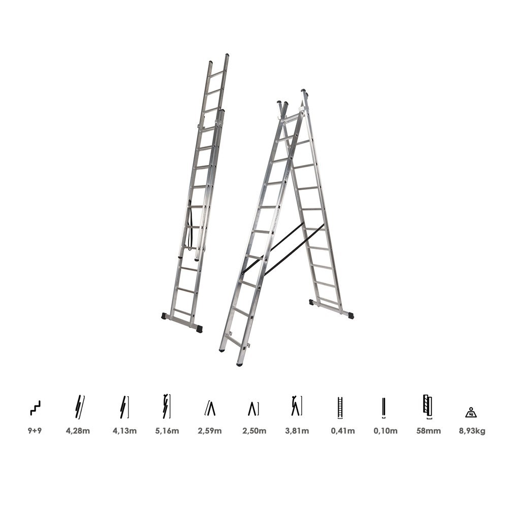 Escalera Aluminio 2 Tramos 9+9 Peldaños, Plegable, Antideslizante, Resistente al por Mayor | Almacén de Ferretería