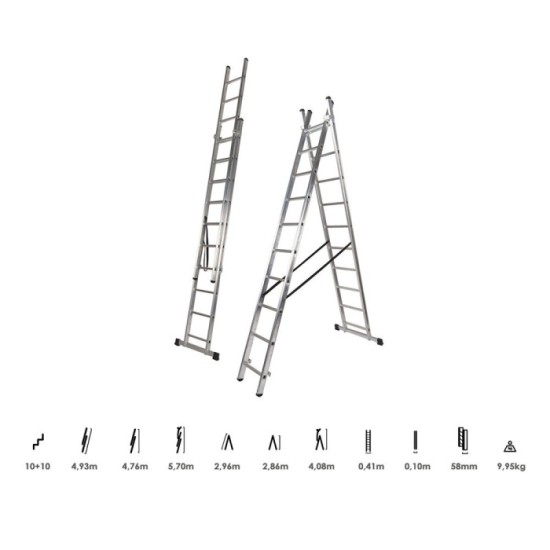 Escalera Aluminio 2 Tramos 10+10 Peldaños, Plegable, Antideslizante, Resistente al por Mayor | Almacén de Ferretería