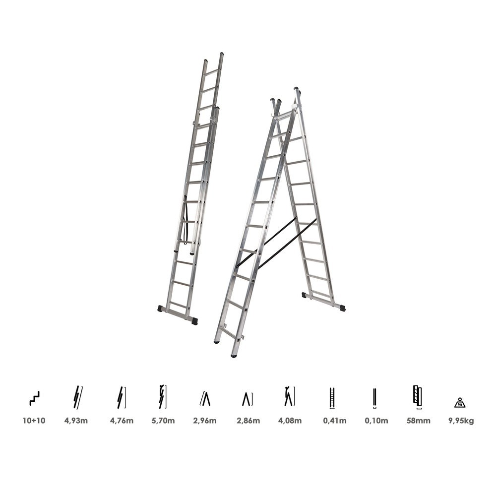 Escalera Aluminio 2 Tramos 10+10 Peldaños, Plegable, Antideslizante, Resistente al por Mayor | Almacén de Ferretería