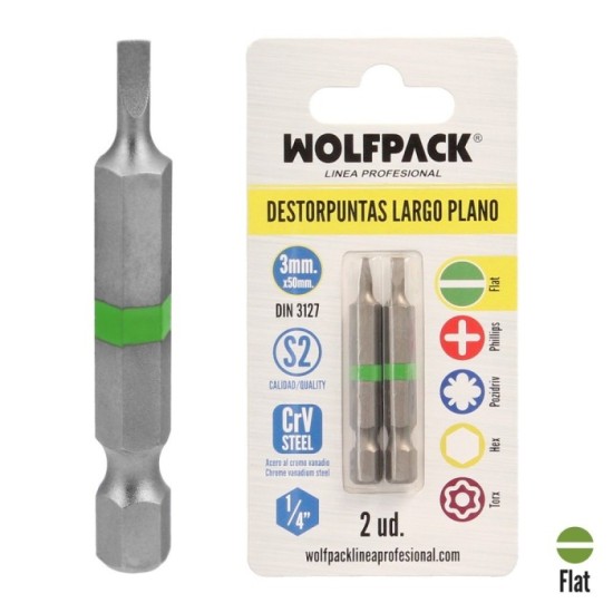 Puntas Destornillador Largo Plano 3 mm, (2 Piezas), Acero S2 al Cromo Vanadio, Puntas Hexagonales, Destorpuntas, al por Mayor | 