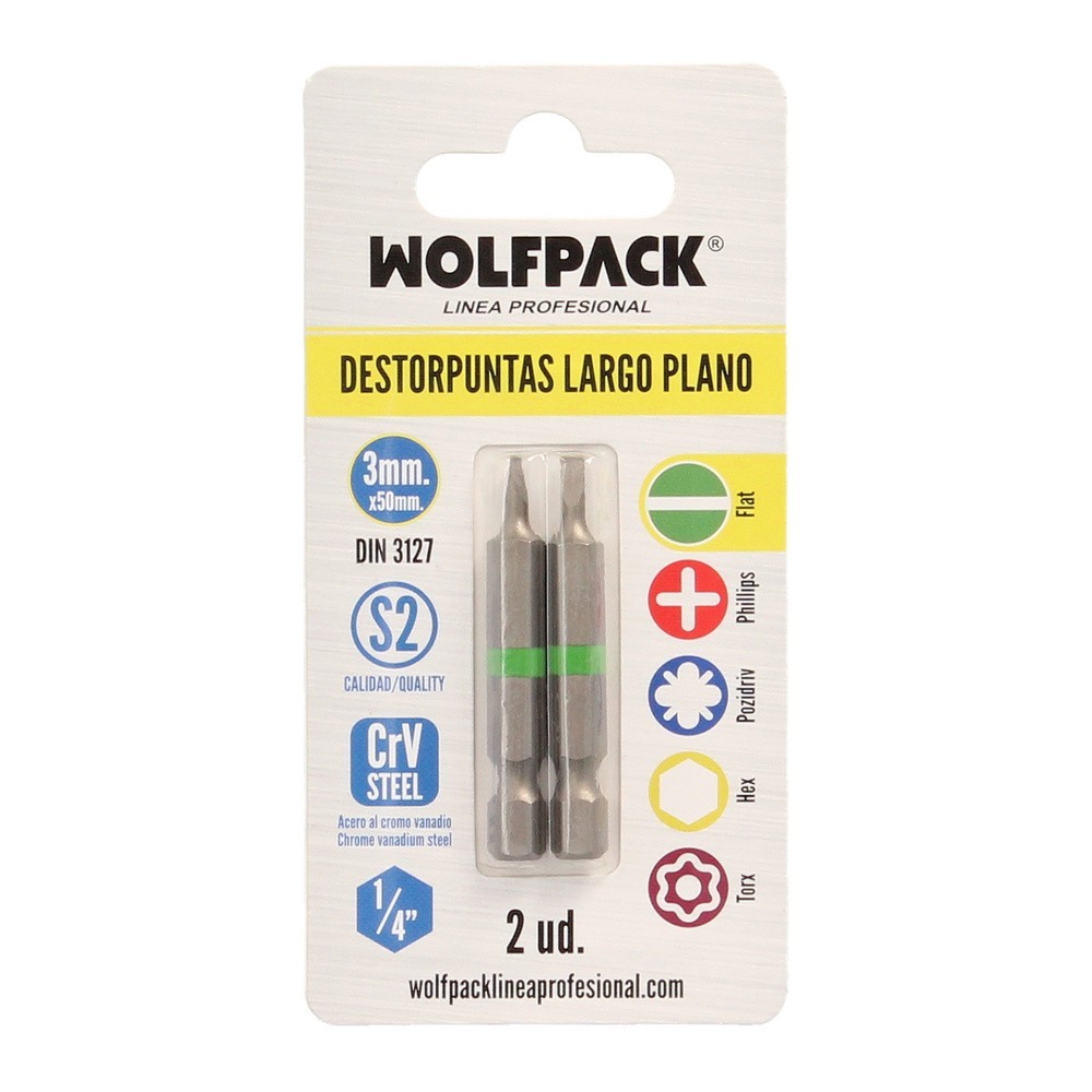 Puntas Destornillador Largo Plano 3 mm, (2 Piezas), Acero S2 al Cromo Vanadio, Puntas Hexagonales, Destorpuntas, al por Mayor | 