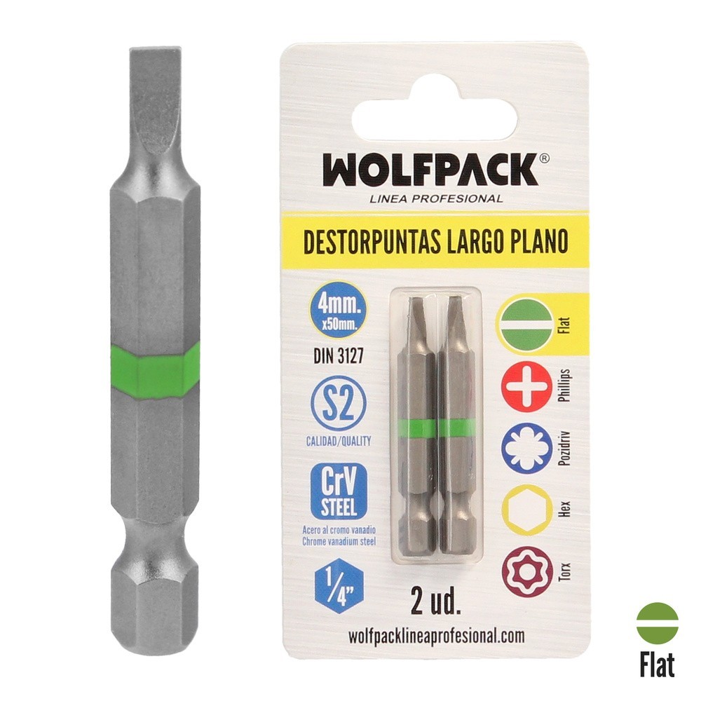 Puntas Destornillador Largo Plano 4 mm, (2 Piezas), Acero S2 al Cromo Vanadio, Puntas Hexagonales, Destorpuntas, al por Mayor | 