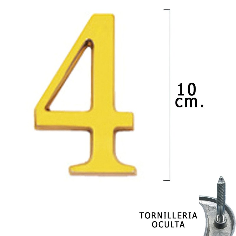 Numero Latón "4" 10 cm, con Tornilleria Oculta (Blister 1 Pieza)