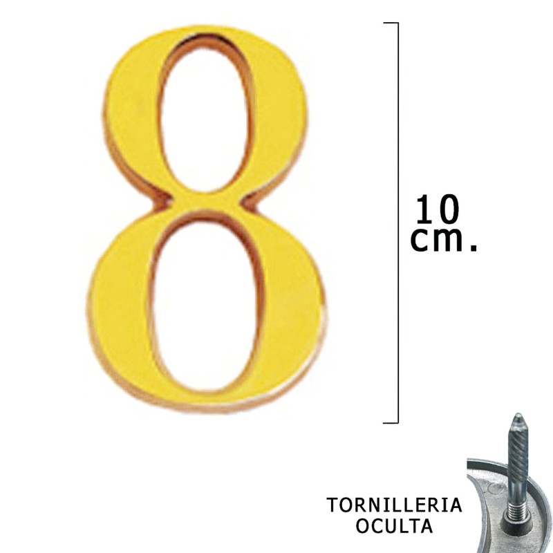 Numero Latón "8" 10 cm, con Tornilleria Oculta (Blister 1 Pieza)