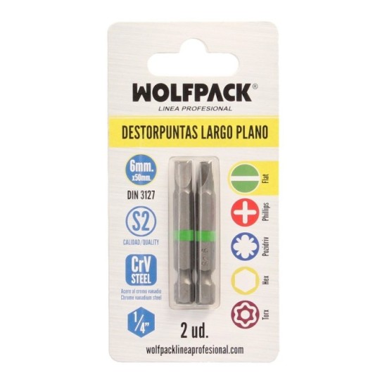 Puntas Destornillador Largo Plano 6 mm, (2 Piezas), Acero S2 al Cromo Vanadio, Puntas Hexagonales, Destorpuntas, al por Mayor | 