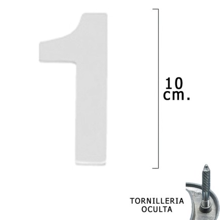 Numero Metal "1" Plateado Mate 10 cm, con Tornilleria Oculta (Blister 1 Pieza)