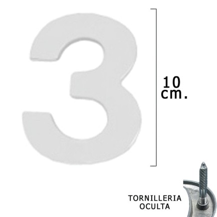 Numero Metal "3" Plateado Mate 10 cm, con Tornilleria Oculta (Blister 1 Pieza)