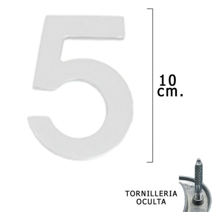 Numero Metal "5" Plateado Mate 10 cm, con Tornilleria Oculta (Blister 1 Pieza)