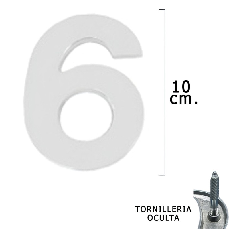 Numero Metal "6" Plateado Mate 10 cm, con Tornilleria Oculta (Blister 1 Pieza)