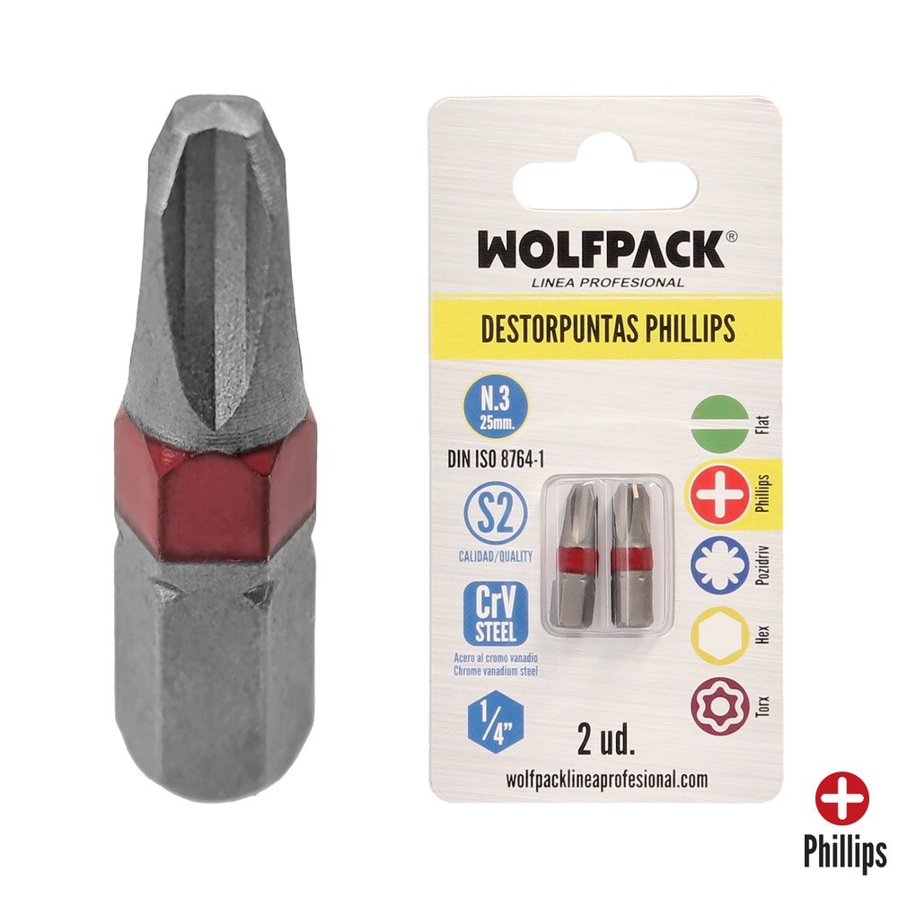 Puntas Destornillador Phillips Nº 3 (2 Piezas), Acero S2 al Cromo Vanadio, Puntas Hexagonales, Destorpuntas, al por Mayor | Alma