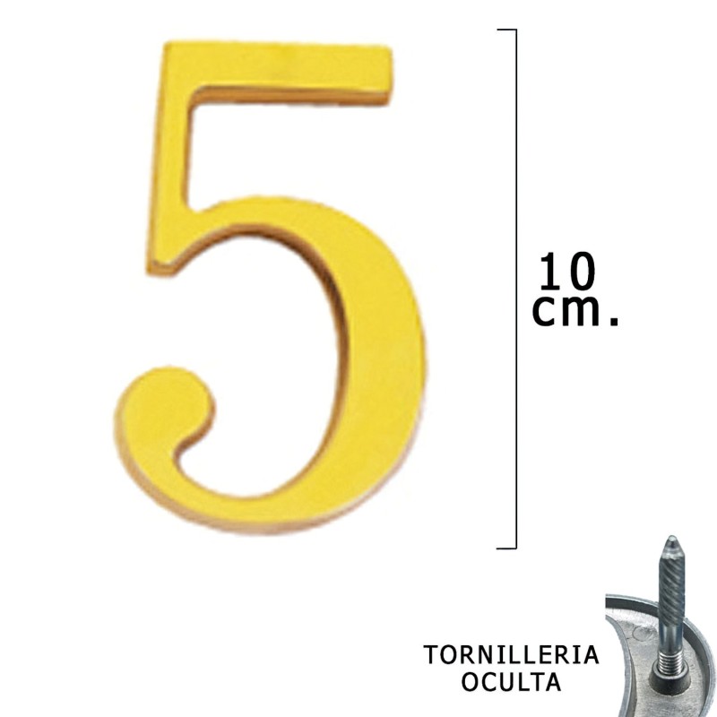 Numero Latón "5" 10 cm, con Tornilleria Oculta (Blister 1 Pieza)