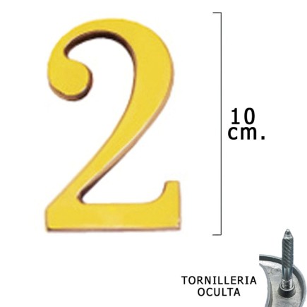 Numero Latón "2" 10 cm, con Tornilleria Oculta (Blister 1 Pieza)