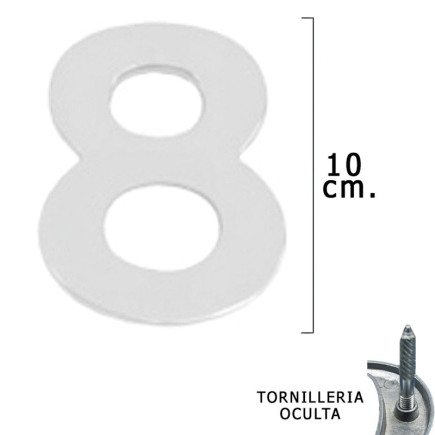 Numero Metal "8" Plateado Mate 10 cm, con Tornilleria Oculta (Blister 1 Pieza)