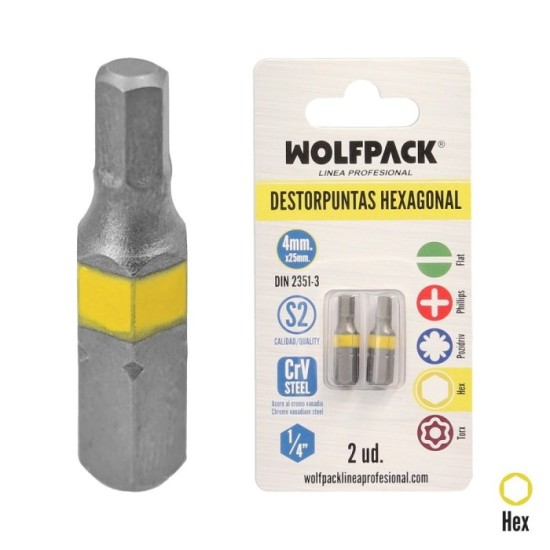 Puntas Destornillador Hexagonal 4,0 mm, (2 Piezas), Acero S2 al Cromo Vanadio, Puntas Hexagonales, Destorpuntas, al por Mayor | 