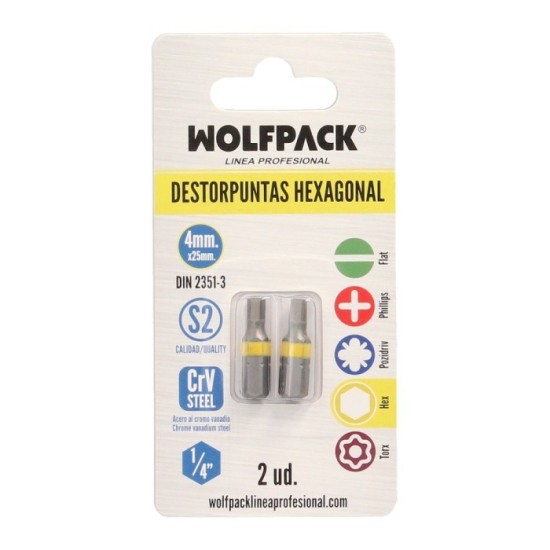 Puntas Destornillador Hexagonal 4,0 mm, (2 Piezas), Acero S2 al Cromo Vanadio, Puntas Hexagonales, Destorpuntas, al por Mayor | 