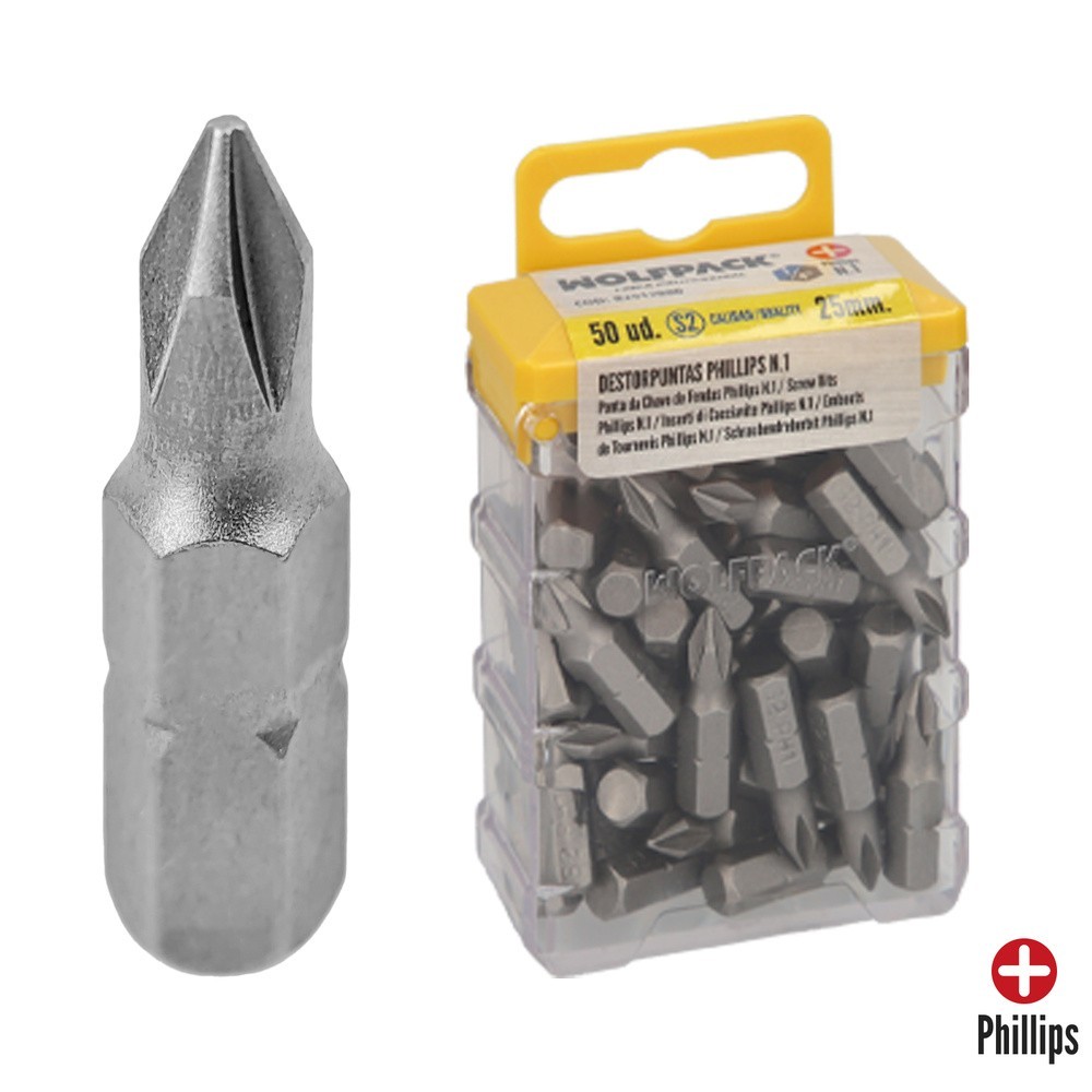 Puntas Destornillador Phillips Nº 1 (50 Piezas), Acero S2 al Cromo Vanadio, Puntas Hexagonales, Destorpuntas, al por Mayor | Alm
