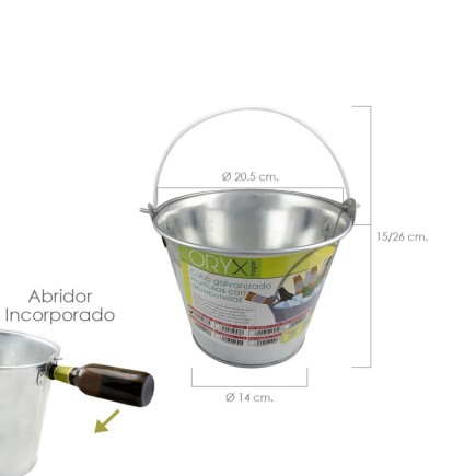 Cubo Zinc Metal Galvanizado Multiusos  2 Litros 20,5 x 14 x 15 (alt,) cm, con Abre Botellas